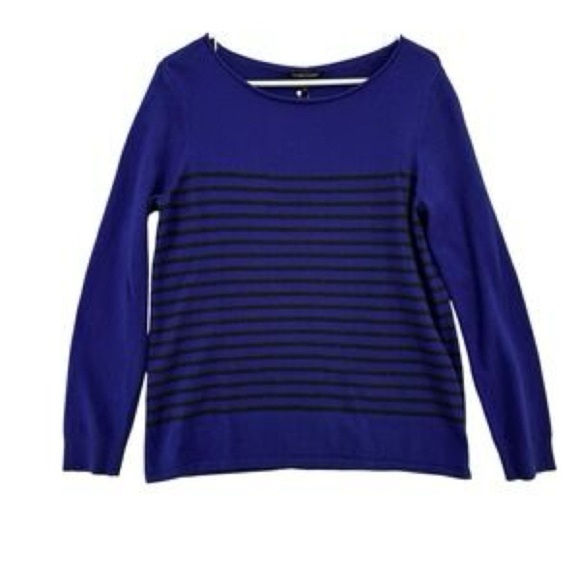 Eileen Fisher Purple Black Stripe Cotton Knit Sweater Sz M Boatneck Fall - Picture 1 of 6